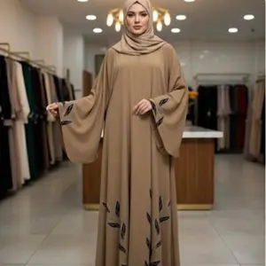 Dubai Umbrella Style Abaya with Elegant Leaf Embroidery and Soft Beige Color for Modern Elegance