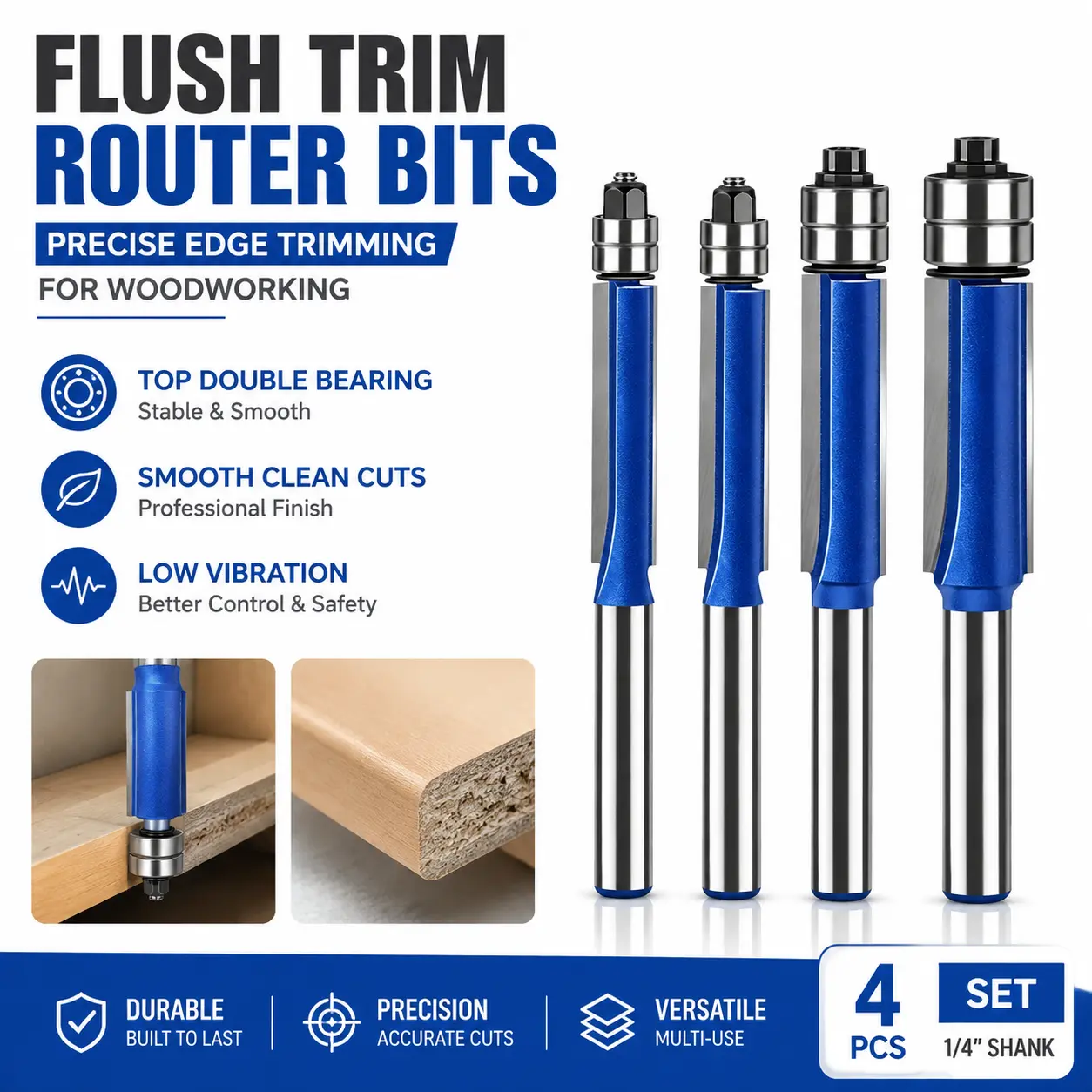 4 Piece Dual Bearing Flush Trim Router Bit Set, 1/4 Inch Shank Edge Trimming Tool for Woodworking, Deburring & Polishing