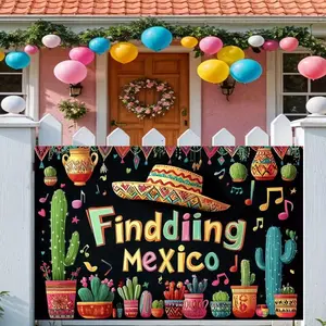 2D Flat 1pc Mexican Fiesta Backdrop Banner, Finding Mexico Sombrero Cactus Pottery Photography Background, Ideal for Cinco de Mayo Party, Tropical Fiesta Event Decor, Multiple Sizes Available