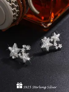 925 Sterling Silver Star Design Earrings, Stud Earrings Jewelry, Fashionable Rhinestone Decor Earrings for Women & Girls, Trendy All-match & Exquisite Jewelry for Birthday Gift