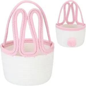 Easter Bunny Basket for Egg Hunt, Easter Eggs, Container, Organizer, Small Woven Cotton Rope Tote Bag with Ears & Tail, Easter Days Decoration,, Holidays, Pink Ears