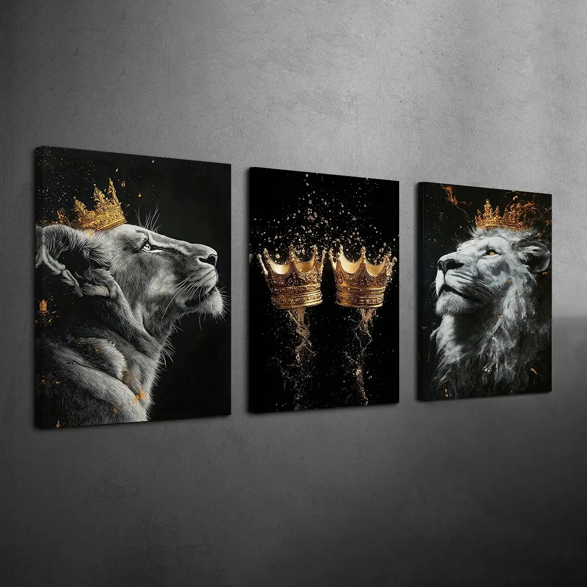 3 Counts Wood Framed Canvas Golden Crown With Lion Wall Art, Hanging Wall Art, Ready To Hang, Modern, Waterproof, For Gift, Living Room, Bedroom, Wall Art Decoration, Modern Home Decoration, Wooden Wall Art