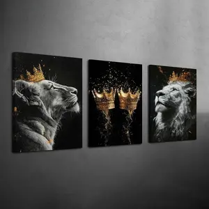 3 Counts Wood Framed Canvas Golden Crown With Lion Wall Art, Ready To Hang, Modern Motivational Wall Decor, Waterproof Canvas Wall Art, Artwork Wall Painting For Gift, Wall Picture for Living Room, Bedroom, Dining Room, Corridor, Wall Art Decoration