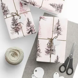 Christmas Trees Wrapping Paper, Blush And Charcoal Gift Wrap For Holidays, Watercolor Woodland Romantic Winter Gift Wrap