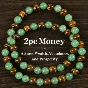 2pc Arpurraina Money Charm Bracelet, set with green aventurine and tiger's eye - Blue Friendship Bracelet,  Personalized Style, Today's Recommendation, Protective Bracelet, Encouragement Gift, Fashionable Synthetic Color-blocked Beaded Crystal Bracelet.