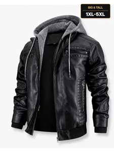Stylish Plus Size Biker Jacket Slimming Fit Faux Leather Hoodie for Big Men Streetwear Fashion with Zipper Closure