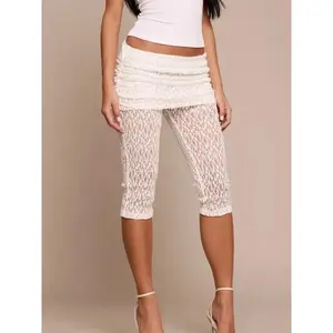 Women's White Floral Lace Cropped Leggings Sheer Polyester Fold Over Waistband Capri Pants Stylish Low Rise Casual Trousers for Spring Summer