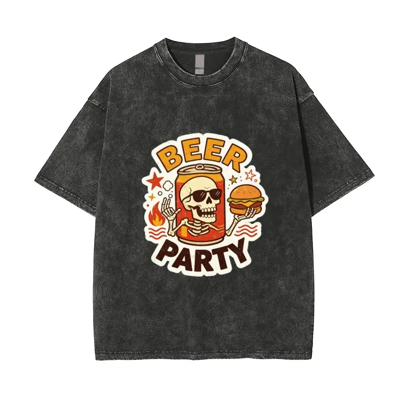 Retro Washed Beer Party Skeleton Tshirt, Unisex Oversized Crew Neck Casual Tee