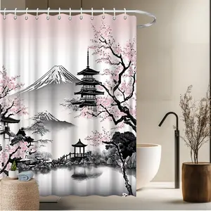 1pc Flower Theme Shower Curtain-2D Flat Cherry Blossoms and Mount Fuji Japanese Scenery Print Shower Curtain Modern Home Decor Bathroom Decoration Bathtub Decoration 70.8x70.8 Inches