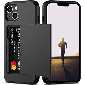 iPhone 13 Case with Card Holder Heavy Duty Protective Dual Layer Shockproof Hidden Card Slot Slim Wallet Case for iPhone 13 for Women&Men(Black)