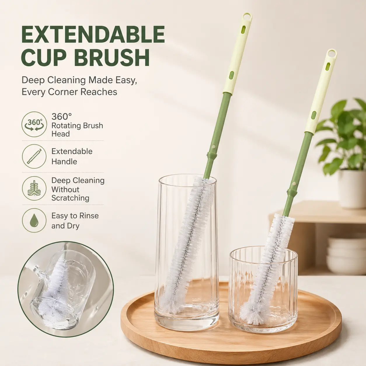 1 Count Extendable Bottle Cleaning Brush, Flexible 360 Degree Bristle Head for Cleaning Cups, Blender Jugs and Glass Containers