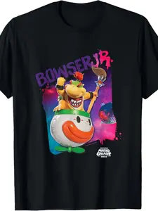 Super Mario Bowser Jr. Print Short Sleeve T-Shirt, Cartoon Fun Style, Cool Bowser Jr. Spaceship Design, Mario Fan Daily Wear