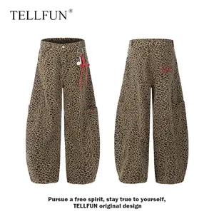 Unisex Y2K Leopard Print Baggy Barrel Cargo Pants High Waist Streetwear Casual Loose Fit Trousers with Red Keychain Detail