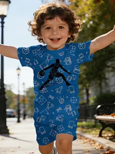 Basketball silhouette printed infant short-sleeve set, baby casual children's clothing, suitable for daily and outdoor sports T-shirts. 100% polyester, a perfect gift for infants and young children!