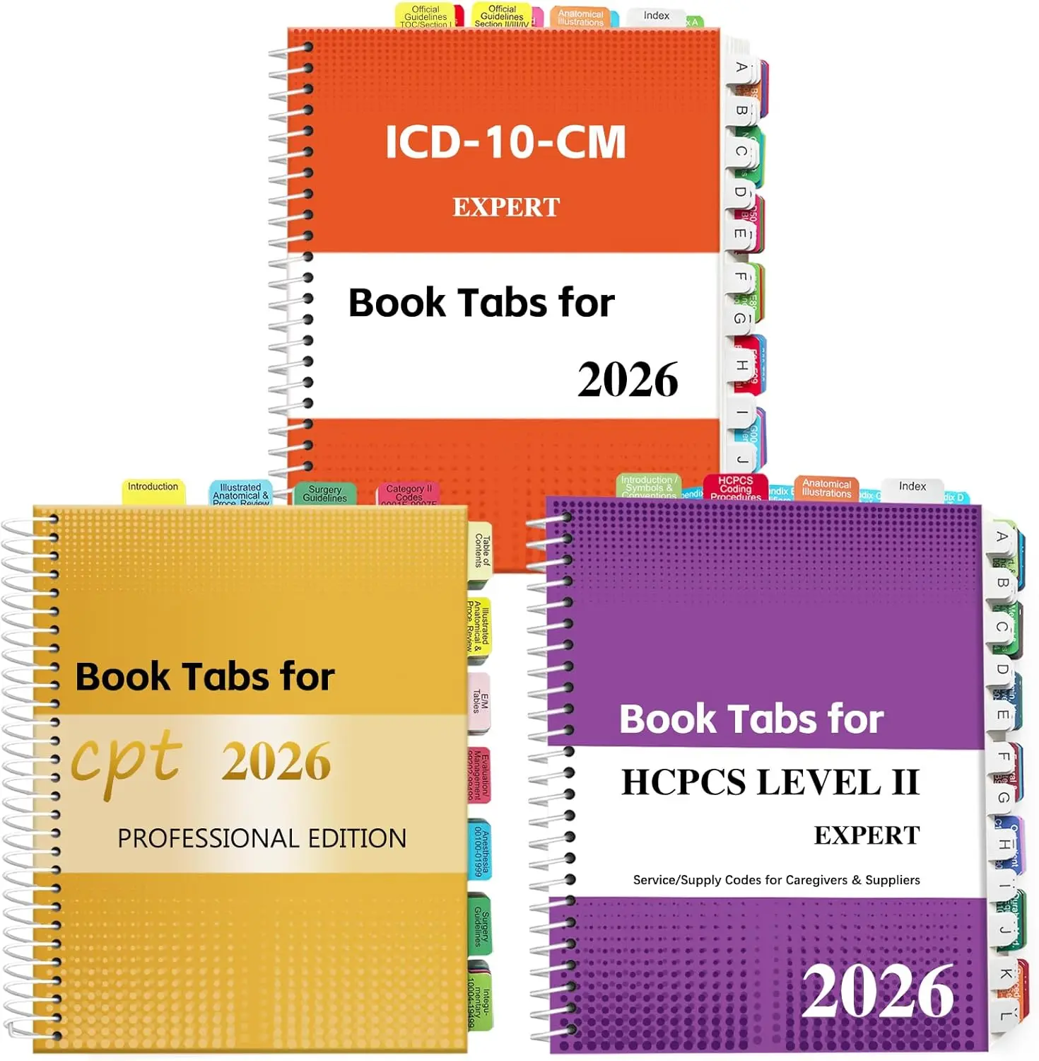 Index Tabs for CPT, AAPC Version ICD-10-CM & HCPCS Level II 2026, 3 Set Bundle, Complete Book Tabs Set (Book not Included), Color-Coded with Code Ranges, Laminated & Waterproof & Repositionable
