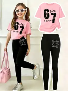 Mother's Day, Leopard Star Six Seven Print Set, Girls' Round Neck Short Sleeve & Bottoms, Ages 4-12, Spring Fall Gift