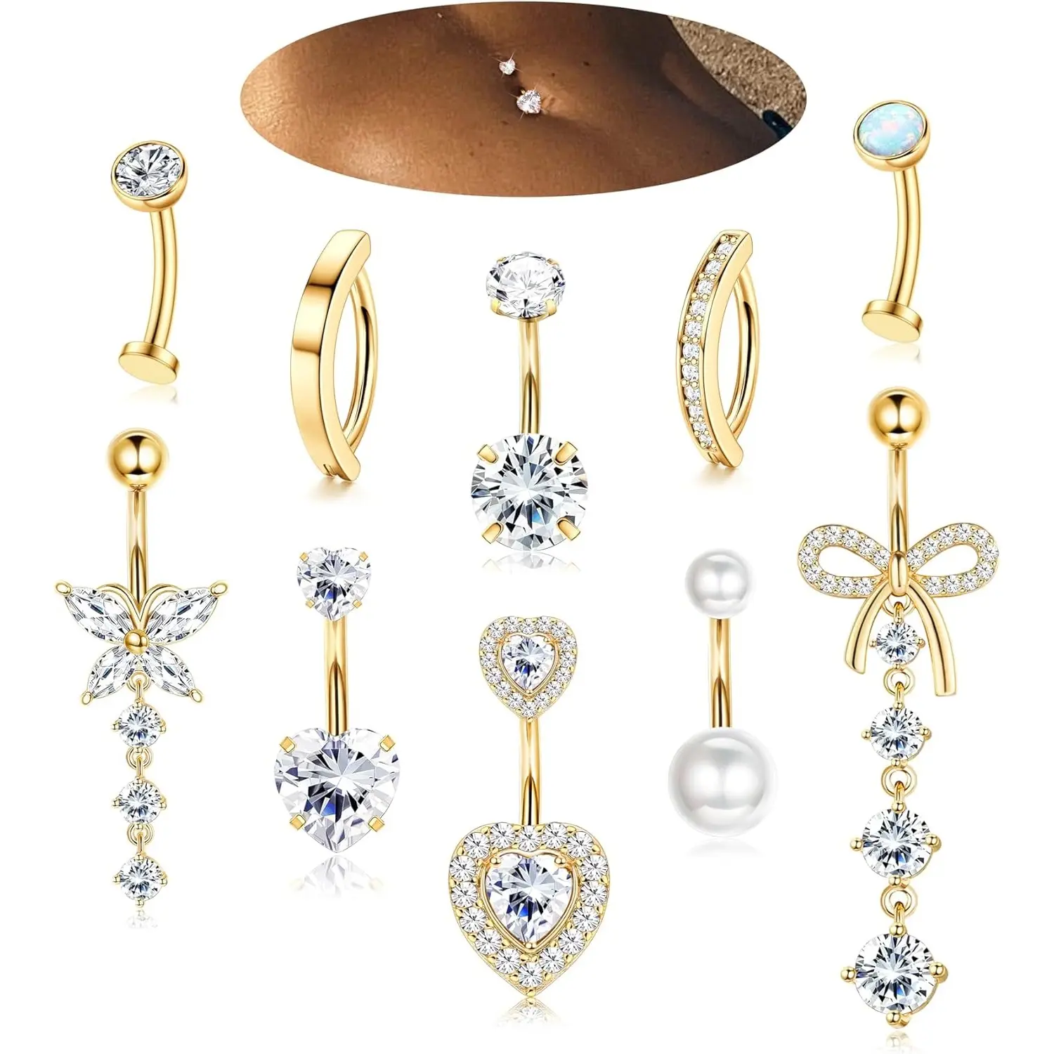 CASSIECA 10-Piece Body-Safe Piercing Jewelry Set, 14G Surgical Steel Women's Belly Button Rings with Dangle CZ, Heart, Opal, Geometric Clicker & Floating Navel Piercings