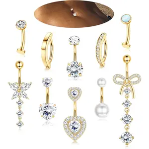 CASSIECA 10 Pcs Belly Button Ring -Dangle Surgical Stainless Steel Belly Rings for Women 14G CZ Heart Opal Clicker Floating Navel Belly Button Piercing