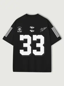 Men's Oversized Number 33 Graphic T-Shirt, Streetwear Football Jersey Style, Loose Fit, Striped Sleeves, Comfortable Cotton Blend