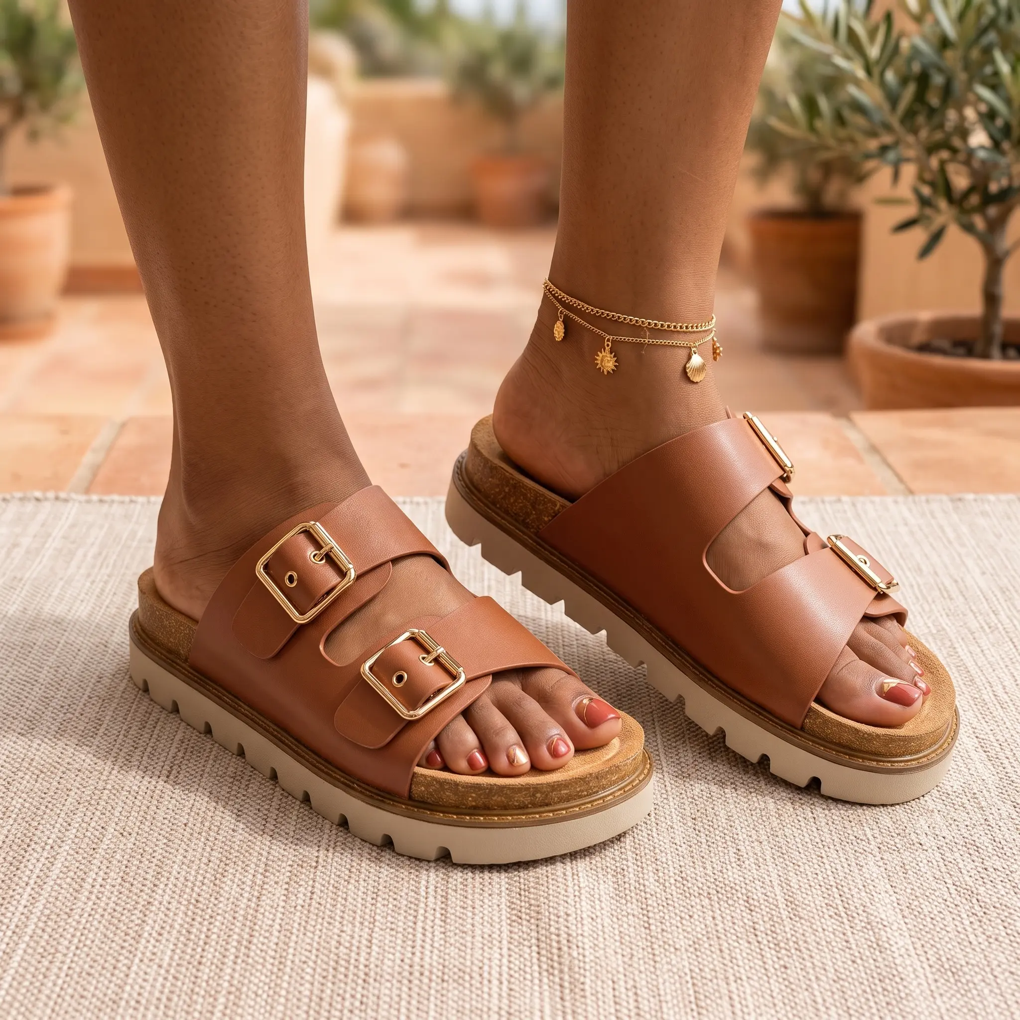 Women‘s 2-Inch Elevated Platform Slides – Arch Support Cork Footbed, Adjustable Buckle & Memory Foam for Petite Women All-Day Comfort.