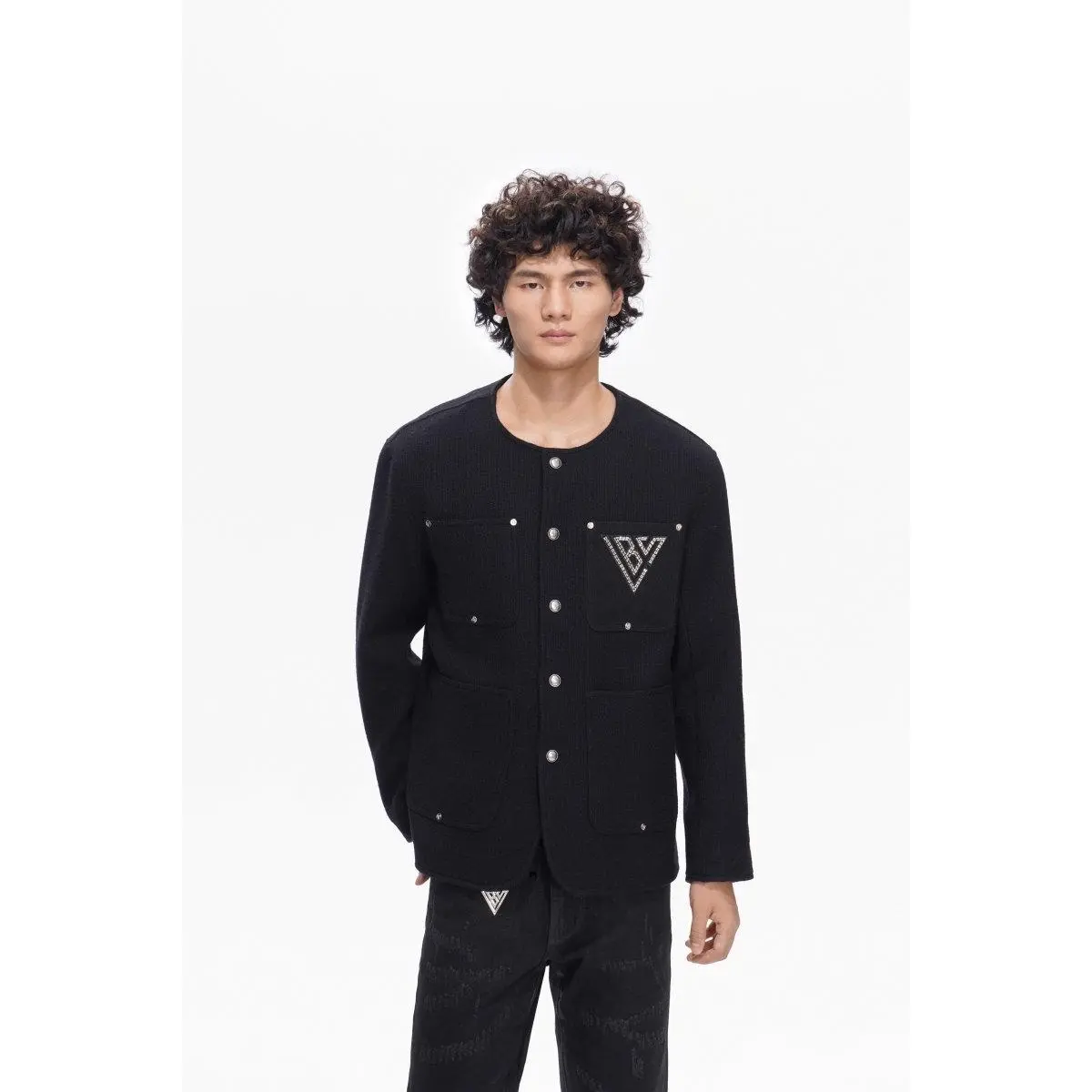 Men's Heavy Woven Jacket - Collarless Street Style Menswear Tops with Utility Pockets, Snap Buttons and Embroidery, Coats, Fabric, Relaxed Fit, Shirt, Embroidered, Collarless Cut, Heavy Weave, Structured Fit, Button Front, Metallic, Street Wear