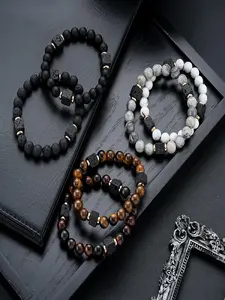 Natural Stone Beaded Bracelet, Unique Natural Stones, Sandstone/Magma/Tiger Eye/Larch Stone/Diagram Stone, Elastic Design, Elastic Wearability, Unisex Appeal, Unisex Fashion Jewelry, Stretch Bangle