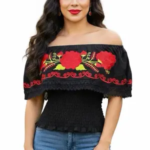 Rosa Blouse - Off the Shoulder Top with Vibrant Floral Embroidery and Elastic Waist Cotton Top