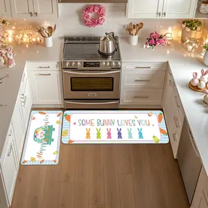 Easter Kitchen Rug Set, Colorful Rabbit Happy Carrot Pattern Door Mat, Spring Home Decor, Non-Slip Bathroom Runner, Family Party Decoration