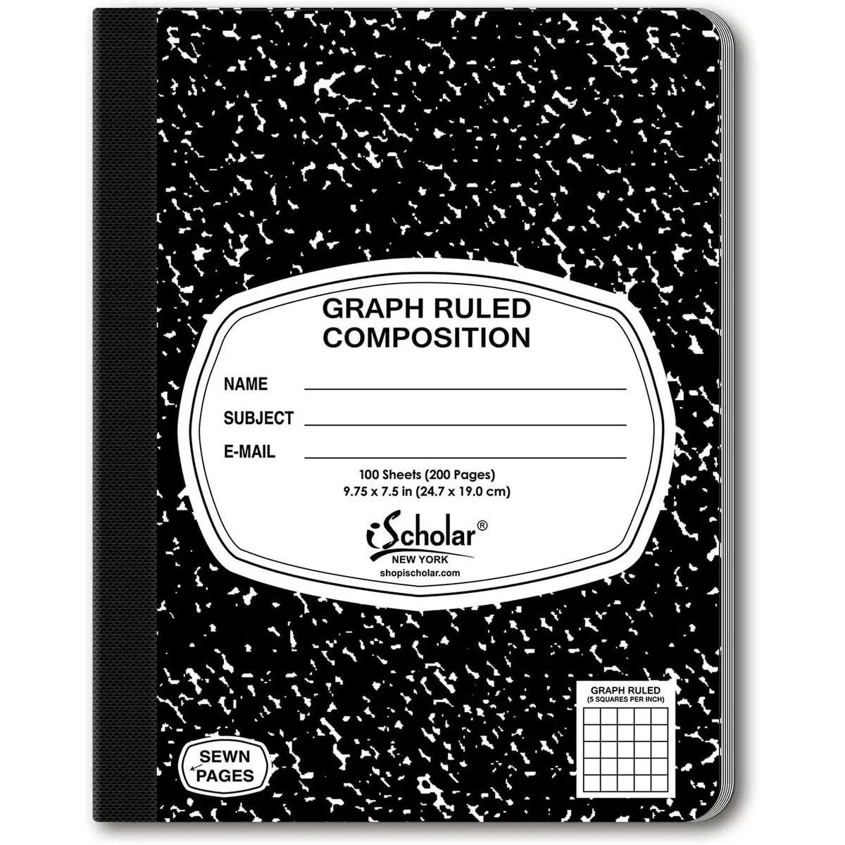 Composition Book, 100 Sheets, 5 x 5 Graph Ruled, 9.75 x 7.5-Inches, Black Marble Cover (11100)