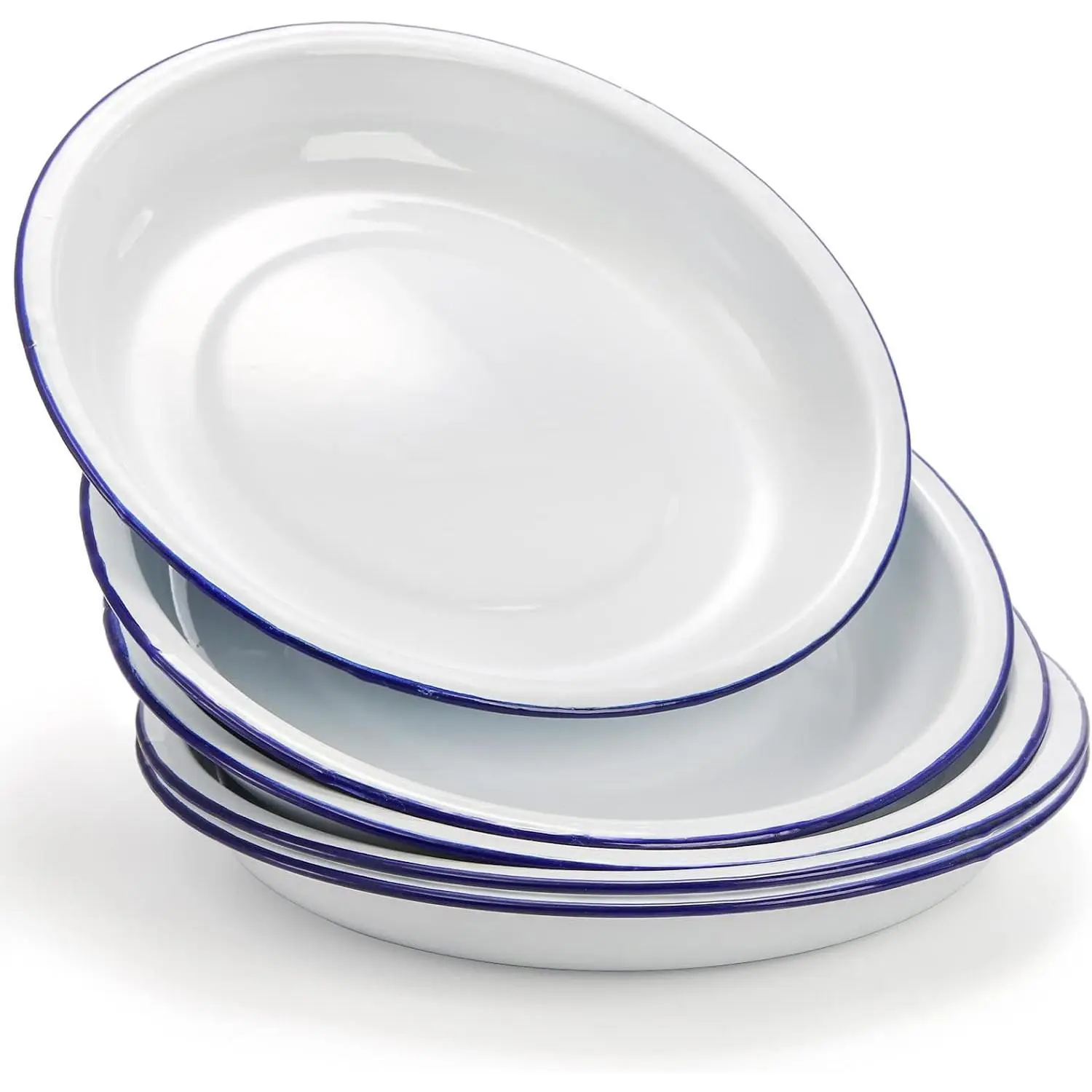 Pack of 5 Enamel Plates, 9.5" Unbreakable Enamelware Dinner Serving Platter Trays, Retro White Round Shallow Bowls with Blue Rim for Pasta, Salad, Camping, Outdoor, Picnic, BBQ
