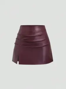 Elegant Vintage Chic High Waist Pleated Brazilian PU Leather Side Slit Flare A-Line Fitted Mini Skirt, Perfect for Women Y2K Fashion