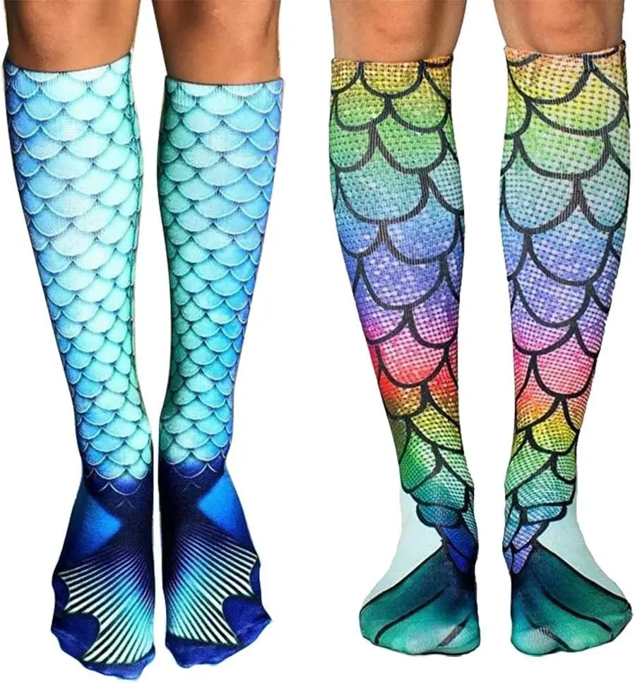 2-Pair Mermaid Knee High Stocking, Soft Over the Calf Boot Socks Leg Warmers Stockings for Cosplay Women