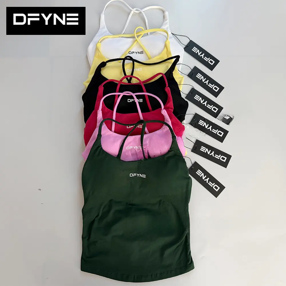 DFYNE Women's Seamless Criss-Cross Strappy Yoga Tank Top - Longline Padded Sports Bra Cami, Moisture Wicking Nylon Blend Cross Back Workout Wear Shirt for Yoga, Fitness
