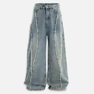 Aelfric Eden Mens Jeans Fringe Patchwork Loose Fit Jean Pants Casual Unisex Wide Leg Y2k Vintage Denim Pant Streetwear