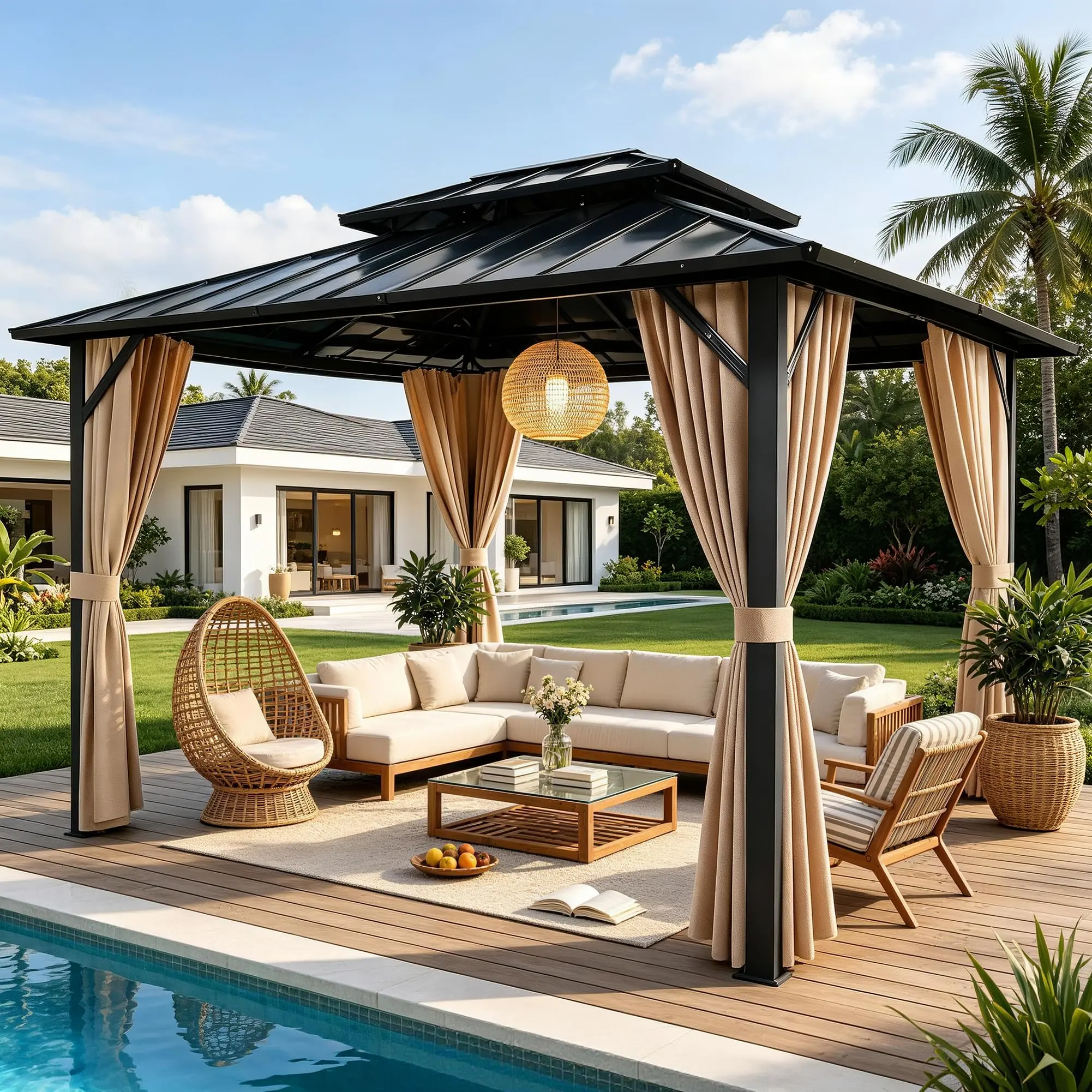 Sunnyfree Hardtop Gazebo, Outdoor Permanent Metal Pavilion with Privacy Curtains, Aluminum Frame Galvanized Steel Double Roof, BBQ Gazebo for Outdoor Grill, for Patio, Garden, Backyard