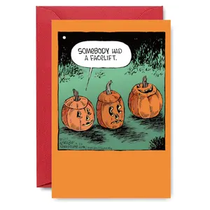 Pumpkin Facelift Funnies Card - Trio of Jack-o'-Lanterns with Surgical Twist, Featuring Overly Smooth Third Gourd & 'SOMEBODY HAD A FACELIFT' Sassy Caption, Nighttime Grassland Backdrop, Perfect for Halloween