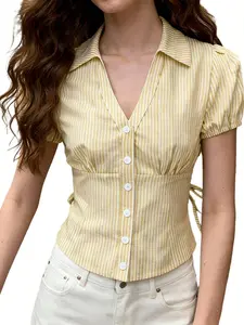 Vintage Yellow Pinstripe Corset Top | Flattering Fitted Puff Sleeve Blouse Shirts with Side Ties for Summer Aesthetic