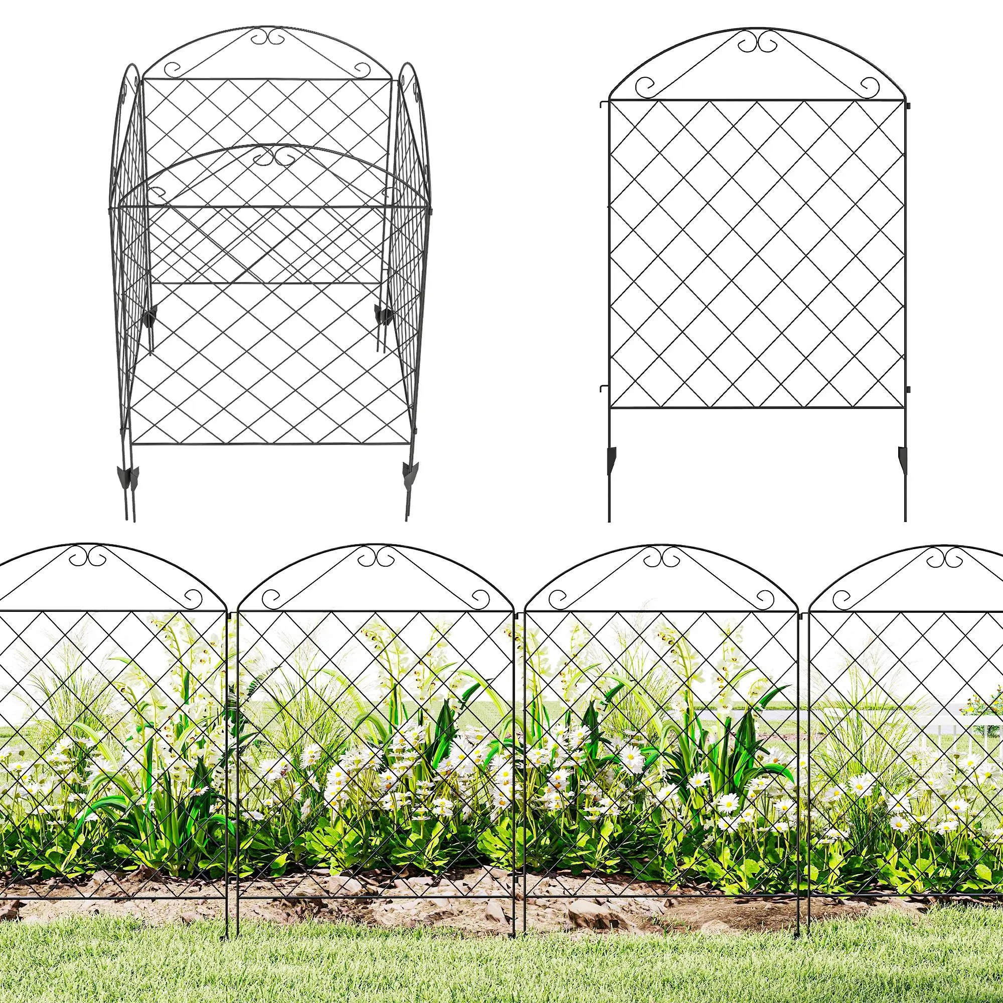 Outsunny 4-Pack Bendable Alloy Steel Gardening Fence - 137" L x 43.25" H, 43" High Coverage, Rust-Resistant, Customizable Grid Pattern, Curved Vines Decor, Interlock Panels with Clips, No-Tool Easy Setup, Portable Edging & Safety Yard Flower Guard