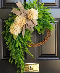 Artificial Hydrangea Wreath with Faux Leaves and Burlap Bow, Country Farmhouse Style Wall Decor, 23.62 x 15.74 Inch (Sand Hydrangea)