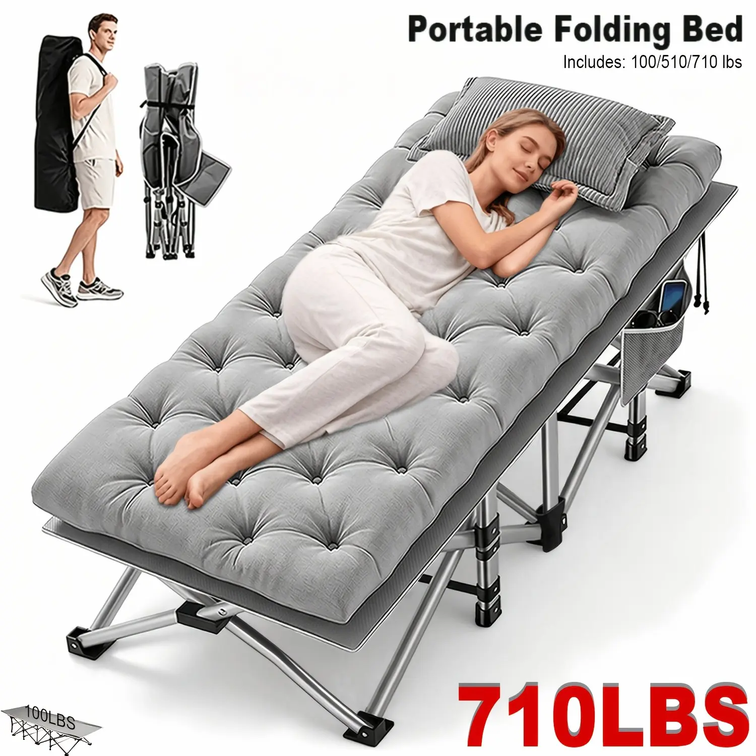 77/73/59 Inch Outdoor Folding Bed, Extra-Large And Thickened Camping Bed with Or Without Flip Mattress, Portable Foldable Guest Bed, 100/510/710 Pound Load-Bearing Capacity, Heavy-Duty Camping bed with Handbag, Suitable for Adults for Office Nap