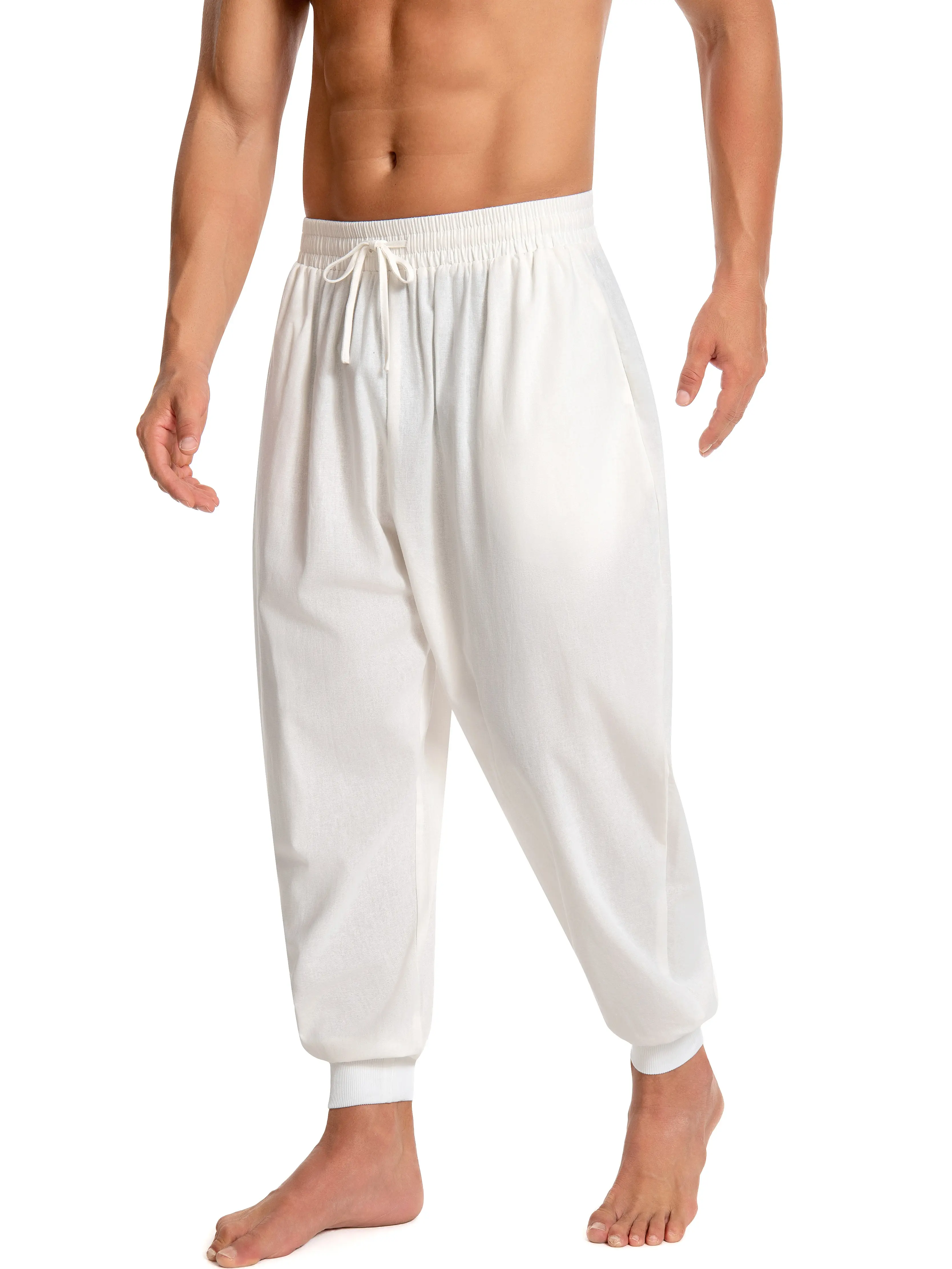 JUNBAOSS Men's Drawstring Aladdin Hippie Harem Pants Loose Drop Crotch Trousers Print Jogger, Boho Lightweight Cotton Pants, Elastic Drawstring Waist Cuffed Ankle Casual Yoga Beach Trousers