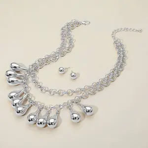 Chunky Metal Teardrop Ball Layered Statement Necklace : Silver