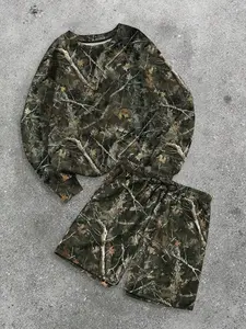 Men's Tree Camo Print Sweatshirt & Shorts Two-Piece Set, Regular Fit Casual Street Round Neck Long Sleeve Pullover & Shorts, Men's Spring & Fall Clothes