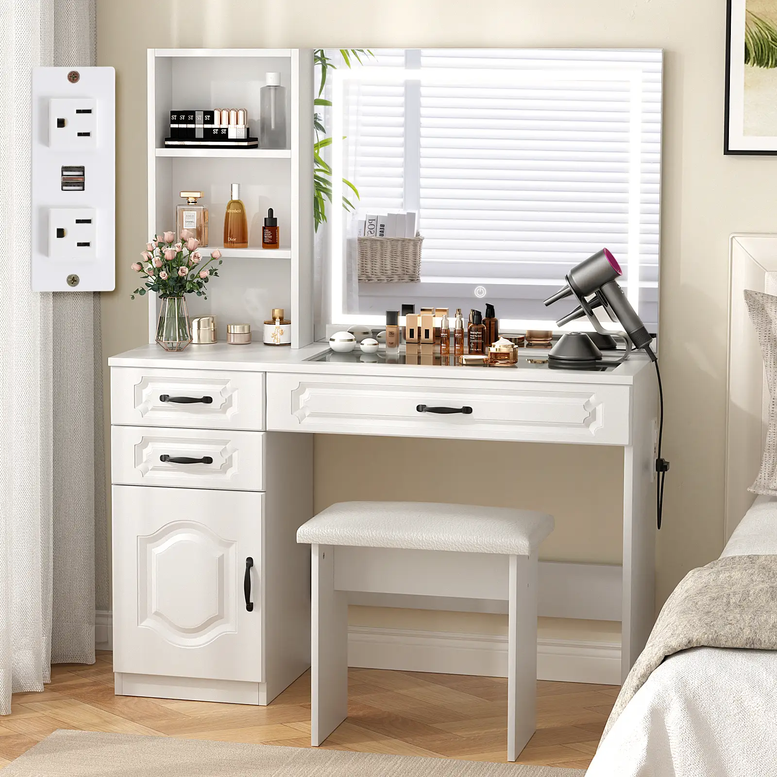 VOWNER Makeup Vanity with Lighted Mirror&Power Strip,Modern Vanity Table Set ,for Bedroom Bathroom,45'' L