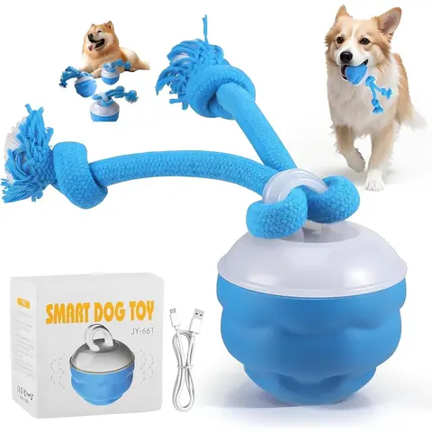 Chase Buddy 2025 Rechargeable Smart Dog Ball Toy - USB Type-C Power, Durable Chew-Safe Shell, DIY Rope Tails, 3 Switchable Modes (Fast, Slow/Smart, Self-Play), Interactive Toy for Small/Medium Puppies to Reduce Boredom