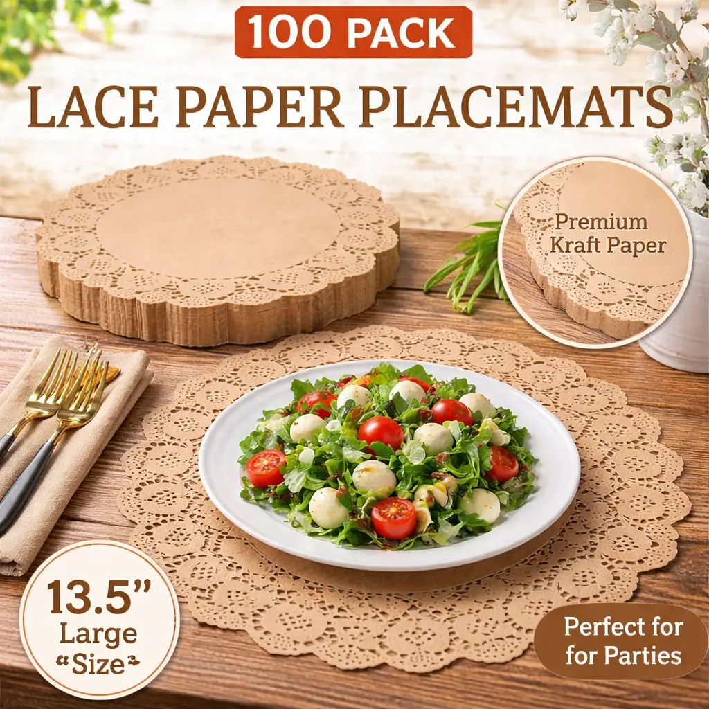 100 Pack 13.5 Inch Brown Kraft Paper Doilies – Rustic Scallop Lace Placemats, Disposable Table Pads for Weddings, Parties, Cakes, Crafts, and Food Display – Elegant Round Doilies for Rustic Table Decor