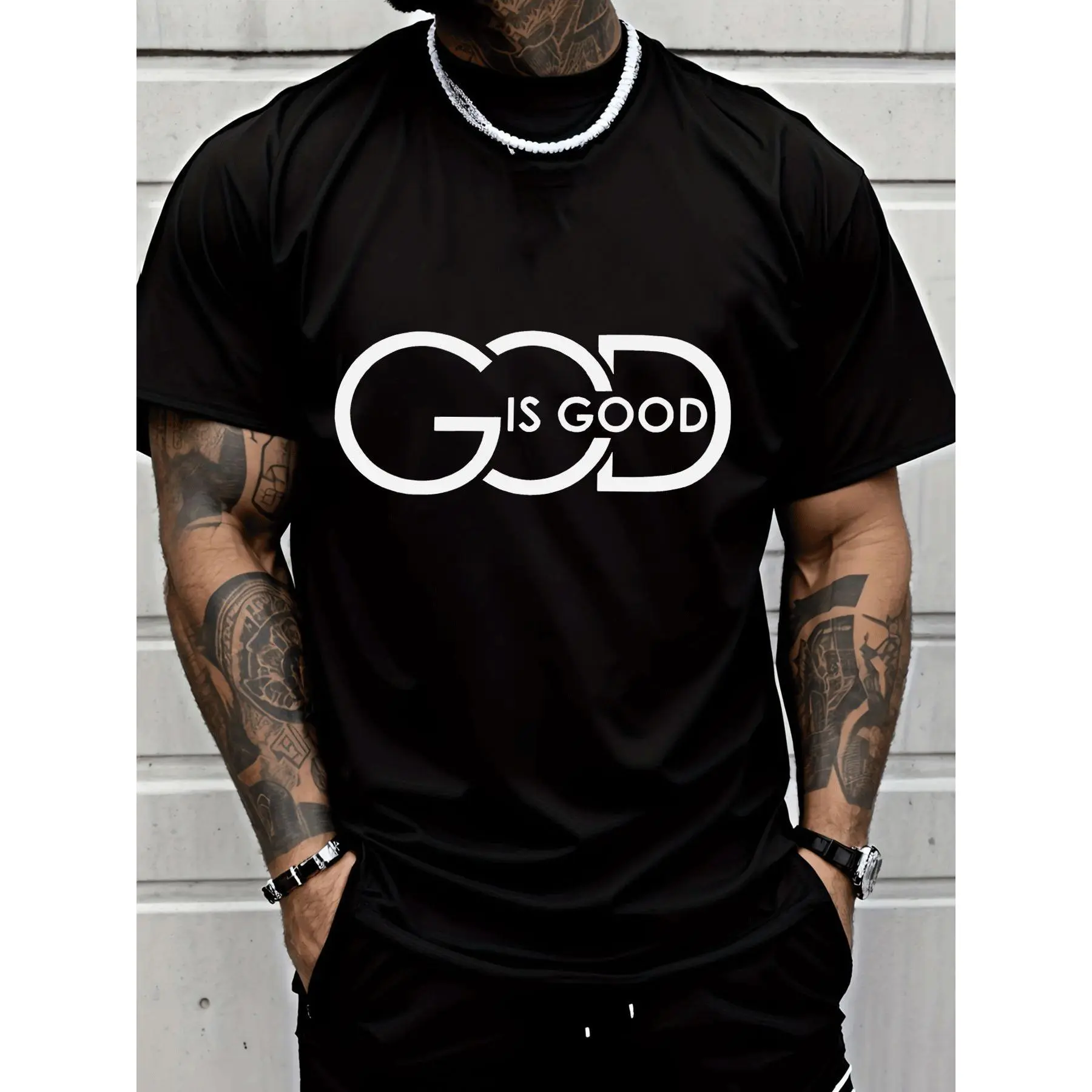 Men's Graphic T-Shirt with a 'God is Good' Vintage-Style Print, Stylish Crewneck in 100% Cotton Fabric for Casual Streetwear & Layering