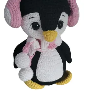 Crochet Amigurumi Penguin - Plush Toy with Pink Stripes, Black Body & Yellow Beak, Adorable Design