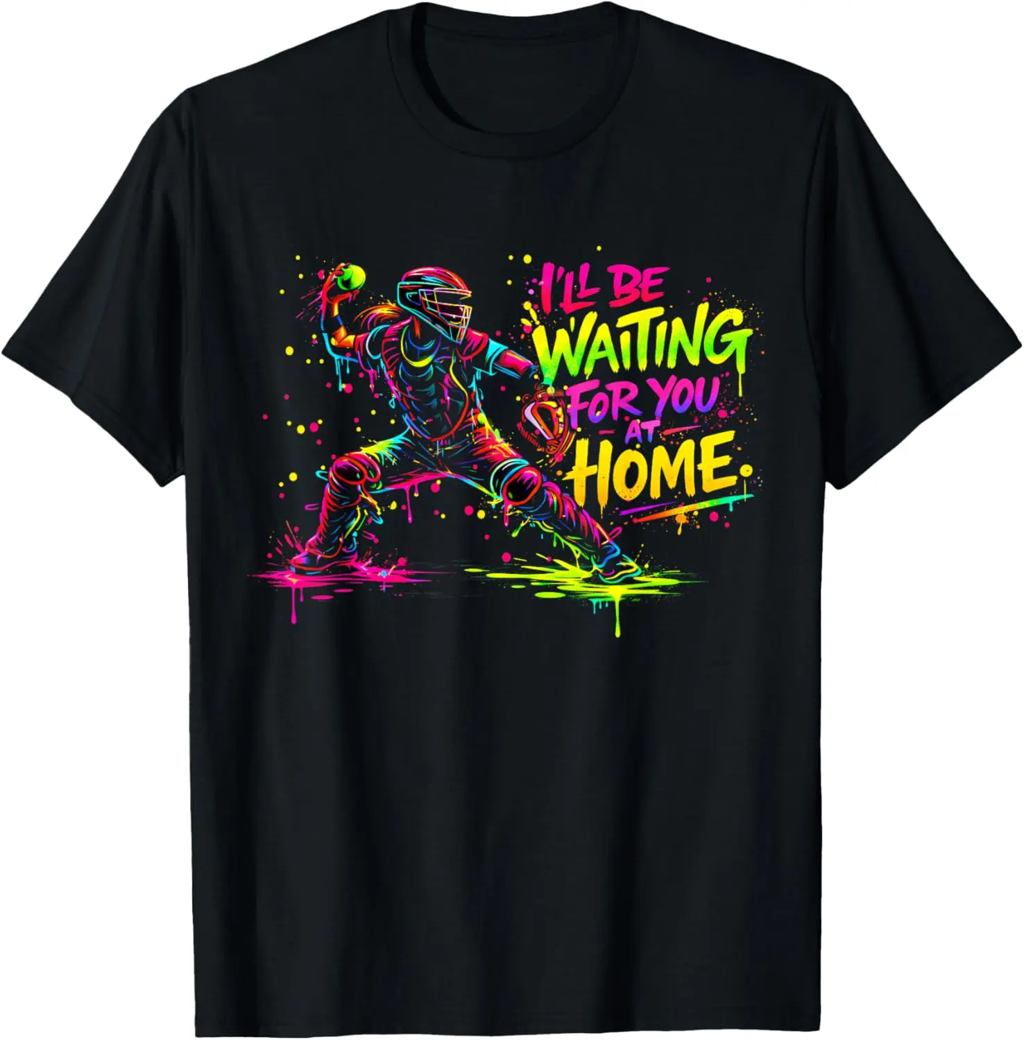 Women's 100% Cotton Distressed Graphic T-Shirt - Casual Funny Softball Catcher "I'll Be Waiting" Print