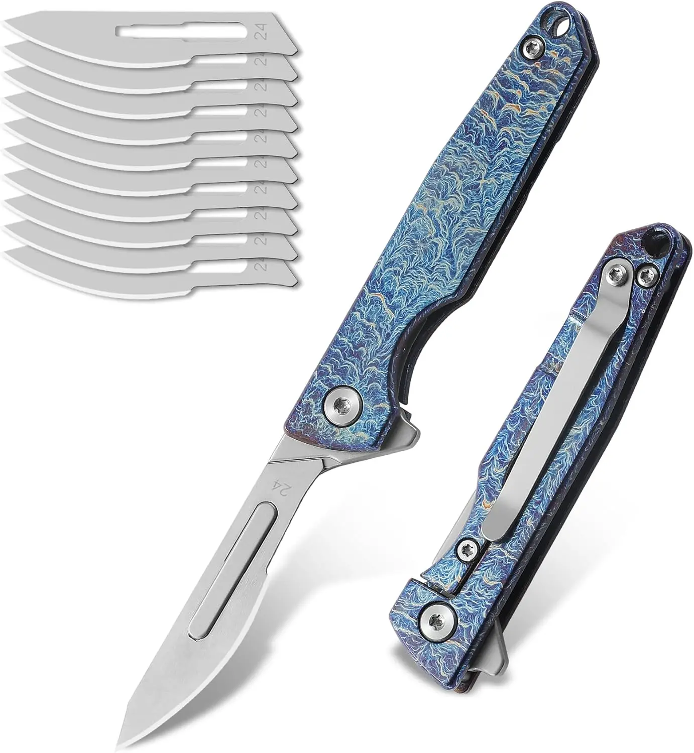 Titanium Folding Scalpel,EDC Utility Knife with 10pcs #24 Replaceable Blades,Small Keychain Knives with Pocket Clip and Frame Lock，Sharp Skinning Knives for Hunting,Deer & Survival（Lightning Texture）